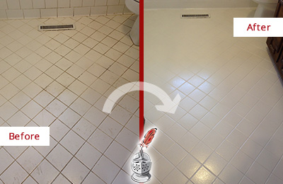 Sir Grout Seals the Grout of this Holliston White Bathroom Floor for Extra Protection Before and After Picture of a Holliston White Bathroom Floor Grout Sealed for Extra Protection
