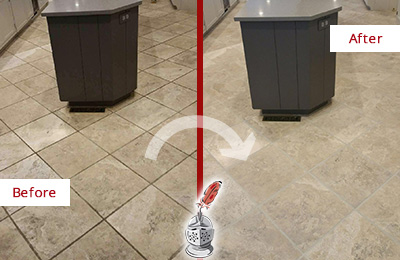Sir Grout Seals this Stained Holliston Kitchen Floor Grout to Remove Stains Before and After Picture of a Holliston Kitchen Floor Grout Sealed to Remove Stains