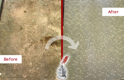 Sir Grout Cleans this West Roxbury Mosaic Shower Cleaned to Eliminate Embedded Dirt Before and After Picture of a West Roxbury Mosaic Shower Cleaned to Eliminate Embedded Dirt